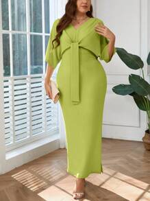 SHEIN Privé Plus Size Women's Comfortable Casual Elegant Daily Vacation Beach Outgoing Tie-Front Ruched Split Textured Fabric Dress, Spring/Summer - Green - View 5