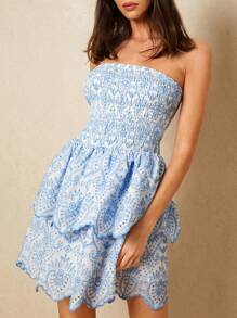 Poéselle 女士纯蓝色刺绣贝壳边短款简约无袖迷你连衣裙，女士度假装，浪漫连衣裙，波西米亚风，女士夏季服装 - 藍色 - 查看 3