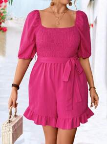 SHEIN Clasi Plus Size Boho Fashionable Casual Cinched Waist Solid Color Romper, For Spring/Summer - Red - View 3