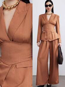 Heiryn Women's Suit Sets Street Casual Blazer Suit With Waist Band (Jacket+Pants) , Commuter Style, Autumn&Winter 2 Pieces Set - Brown - View 1