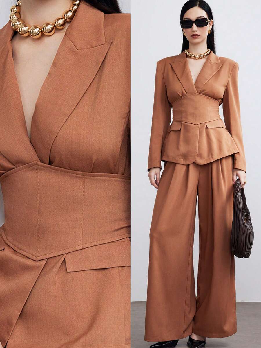 Heiryn Women's Suit Sets Street Casual Blazer Suit With Waist Band (Jacket+Pants) , Commuter Style, Autumn&Winter 2 Pieces Set - Brown - View 1