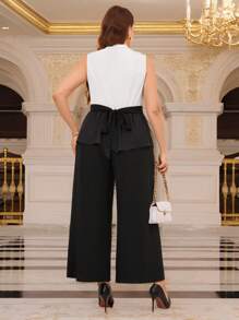 SHEIN Clasi Women's Plus Size Elegant Floral Print Sleeveless V-Neck 2 Pieces Set, Spring/Summer - Black - View 2