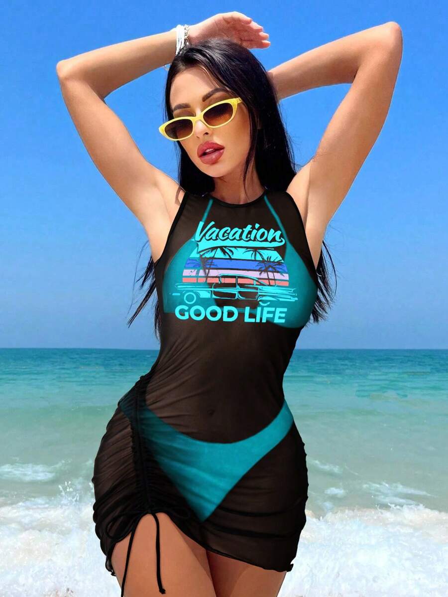 Swim Vcay Springbreak 女士纯色系带性感比基尼套装，搭配字母印花薄纱罩衫，适合夏季海滩度假 - 藍色 - 查看 1