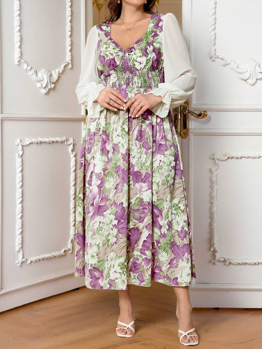 SHEIN Frenchy Robe de femme grande taille élégante et romantique avec impression de surpiqûre, bordure de taille, couleur bloc, col V en mousseline, modeste, convient pour la Saint-Valentin