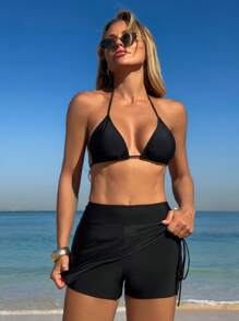 Swim Lushoire Women Solid Side Drawstring Skort Beach Outfits For Summer, For Summer Beach Vacation - Black - View 6