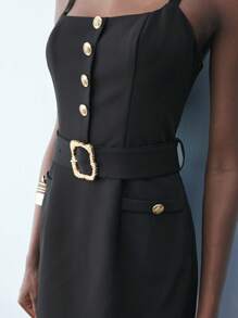 Maija Women's Metal Button Design Fashion Strap Mini Dress,Festival - Black - View 5