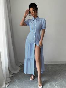 Elenzga Women's Striped Front Button Long Dress - Blue and White - View 5