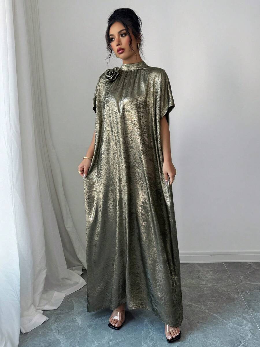 Elenzga Women's Summer Occasion Casual Loose Dress, Gold & Green Floral Decor Bat Wing Sleeves, V-Neck Maxi Gown Dress, Suitable For Outing, Date, Holiday, Eid, Music Festival, Wedding