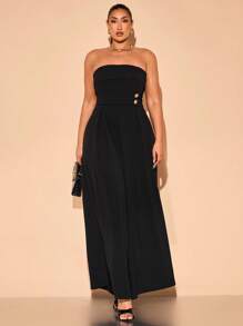 SHEIN BAE Elegancki, czarny, zdobiony gorsetem, długi kombinezon damski w dużych rozmiarach, z szerokimi nogawkami, odpowiedni na ukończenie szkoły, wakacje, wyjście, ślub, wakacje na plaży, kombinezon plażowy, Wielkanoc, Dzień Matki, styl western, stroje na koncert, Y2K, Dzień Świętego Patryka, świąteczne niezbędniki, kombinezon damski, kombinezony damskie w dużych rozmiarach, seksowny kombinezon - Czarne - Zobacz 3