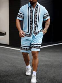 Manfinity Homme Plus Size Heren Korte Mouw Shirt En Shorts Set, Effen Kleur Met Knoopsluiting