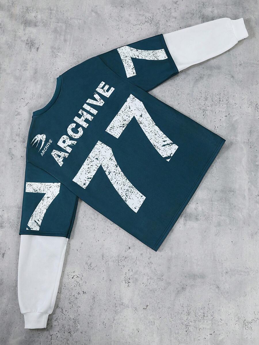 SHEIN Teen Boy Contrast Color Block Letter & Number Print Pullover Sweatshirt - Green - View 1