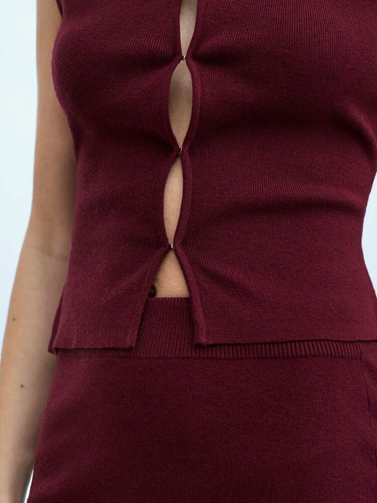 SHEIN Maija Women's Elegant Burgundy V-Neck Sleeveless Top & High Waist Pleated Skirt 2 Pieces Set, Suitable For Going Out, Simple Stylish Casual Everyday Wear, Birthday Outfit Going Out Outfits