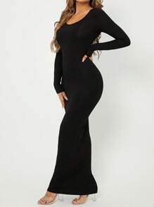 SHEIN PETITE CURVE Đầm ôm body cổ tròn Petite Plus trơn - màu đen - Xem 4