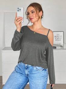 SHEIN Essnce Plus Size Women's Loose T-Shirts, Long-Sleeved Tops, Off-The-Shoulder T-Shirts, Women Dresses Tops,Women T Shirt Summer Women Tops Basic Long Sleeve Top,Long Sleeve Top Sexy Women Tops - Grey - View 5