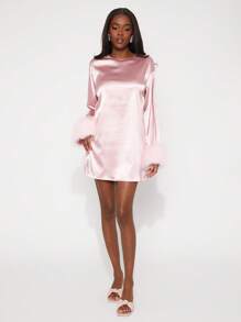 NYA SZN 春季羽毛袖缎面宽松长袖连衣裙，适合生日早午餐、辣妹节、夏季迷你婚礼宾客、特殊场合、新娘晚宴、舞会等场合。 - 粉色 - 查看 6