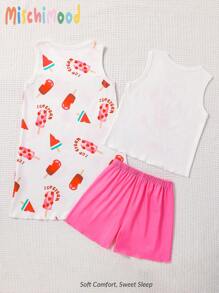 3pcs Girls Cute White Printed Sleeveless Tank Top,Shorts And Long Nightgown Pajama Set,Summer Family Matching Young Girls Clothing Sets For 3-7yrs - Multicolor - View 2