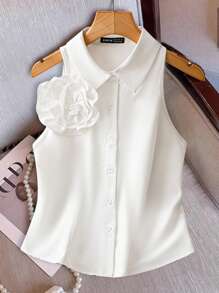 GlowEve Women's Sleeveless Blouse With Floral 3D Decor, Solid Color French Chic Slim Fit Design, Spring/Summer