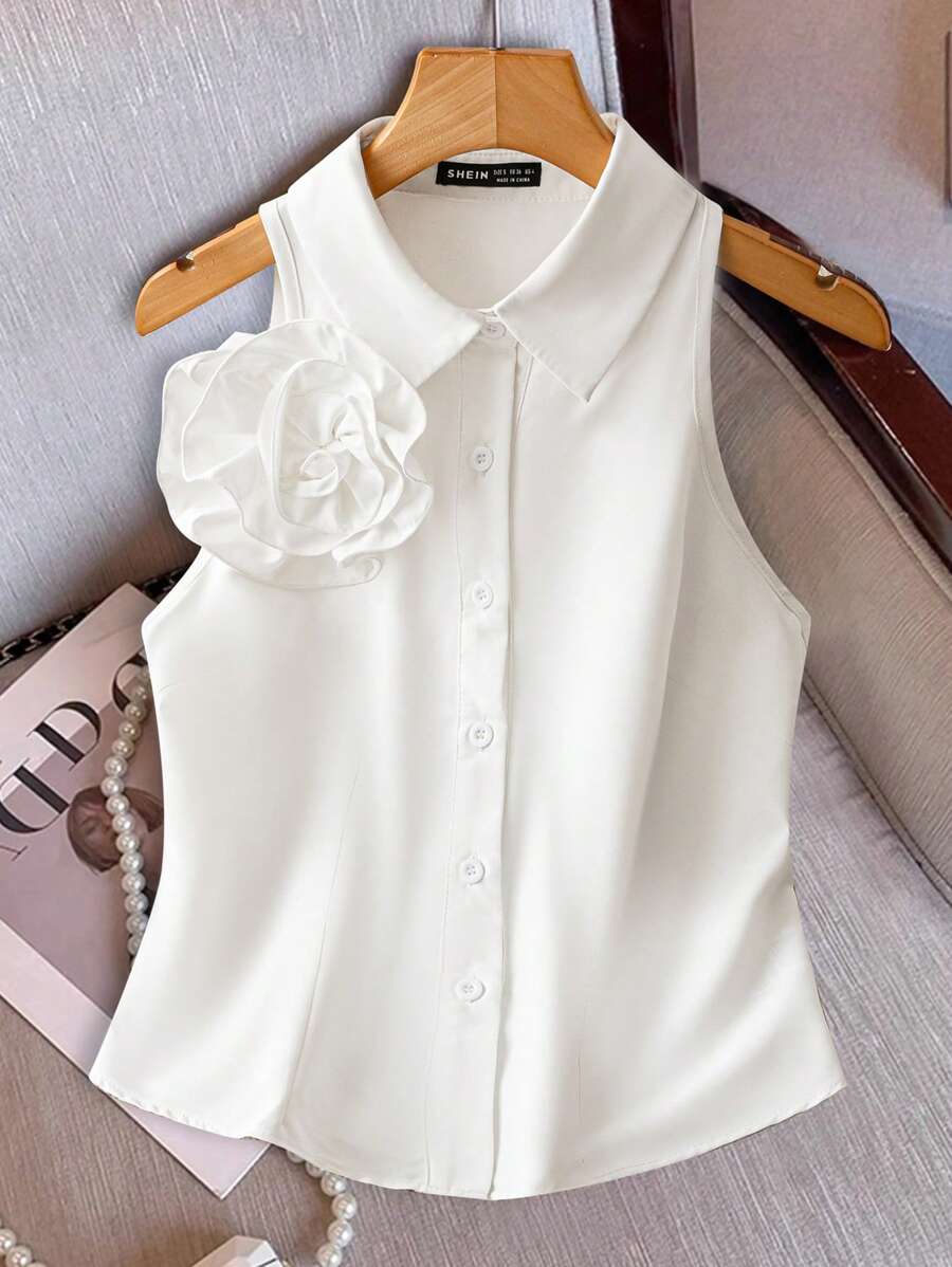 GlowEve Women's Sleeveless Blouse With Floral 3D Decor, Solid Color French Chic Slim Fit Design, Spring/Summer