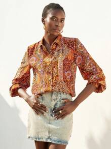 Aveloria Modichic Blusa de mujer de estilo bohemio nómada con estampado, cuello vuelto y manga larga