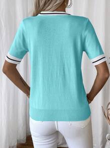 EMERY ROSE Women Striped V-Neck Short Sleeve Casual Knit Top - Mint Blue - View 2