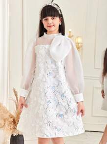 SHEIN Abito elegante da ragazza pre-adolescente con maniche a sbuffo, decorato con paillettes, ricami floreali 3D in organza e colletto decorato con fiocco, abito lungo da cerimonia con maniche lunghe - Bianco - Visualizzare 4