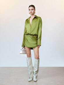 SHEIN LUNE Vestido Mini Elegante de Cetim para Uso Diário das Mulheres - Verde - Visão 7