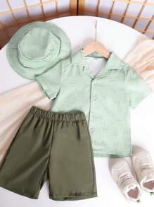SHEIN Young Boys 2pcs/3pcs Set,Summer,Matching,Family Vacation,Digital Print Textured Polo Shirt,Elastic Waist Solid Sports Shorts,Dinosaur Bucket Hat - Multicolor - View 3