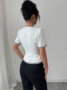 Elenzga Women Elegant Fitted Color Block Wave Patterned Short Sleeve Blouse - White - View 2
