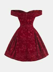 Teen Girls Elegant Open Shoulder Burgundy Mini Dress, Velvet Bell Dress, Party Cocktail Dress, Rose Floral Print - Red - View 2