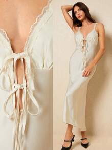 Poéselle Women's Satin Lace Dress Women's Contrast Lace Front Champagne Dress Lace-Up Dress Elegant Apricot Dress Elegant Romantic Wedding Season Women Dresses
