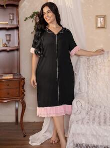 Côtesoire Plus Size Women's Contrast Color Mesh Patchwork Ruffle Hem Loose Night Dress