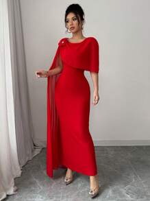 Rafferiza Váy dạ hội dự tiệc không tay bằng vải voan mỏng họa tiết hoa 3D thanh lịch, Xuân/Hè - Đỏ - Xem 4