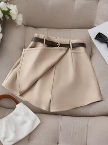 Franclia Women's Stylish Solid Color Faux Pocket Shorts With Belt - Khaki - View 1