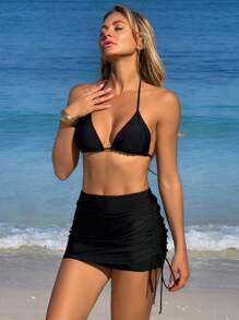 Swim Lushoire Women Solid Side Drawstring Skort Beach Outfits For Summer, For Summer Beach Vacation - Black - View 4