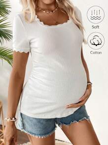 SHEIN T-shirt casual ajusté à manches courtes avec bordure en dentelle, pour femmes enceintes