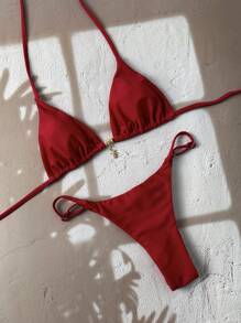 Swim Chiccia Women's Plain Color Metal Pendant Decoration Sexy Halter Bikini Set Summer