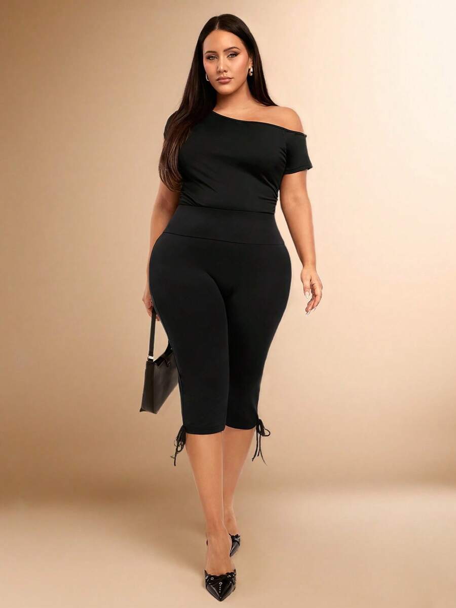 SHEIN BAE Plus Size Women's Black Casual Short Tight Leggings With Ribbon Tie Decor, Suitable For Valentine's Day, Carnival, Beach, Vacation, Back To School, Graduation Season,Modest - Black - View 1