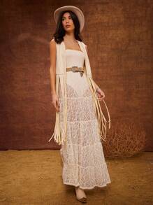 WESTFADE Western Open Front Faux Suede Fringe Sleeveless Festival Tank Top Nashville Style Outifts - Beige - View 5