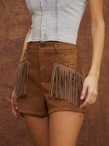 WESTFADE 中腰仿麂皮西部铆钉流苏节日短裤纳什维尔风格短裤