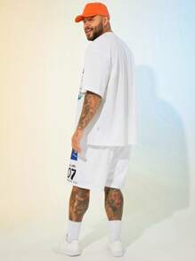 Manfinity VCAY Plus Size Men Loose Casual Holiday Knit Short Sleeve Round Neck T-Shirt And Shorts Set - White - View 2