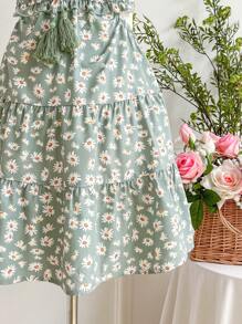 SHEIN VCAY Đầm mini hở eo in họa tiết spaghetti cho nữ, trang phục mùa hè cho nữ - màu xanh lá - Xem 6