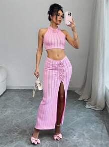 Chiquease New Spring/Summer Sexy Tie-Up Halter Floral Breathable Vacation Skirt Set For Women - Pink - View 1