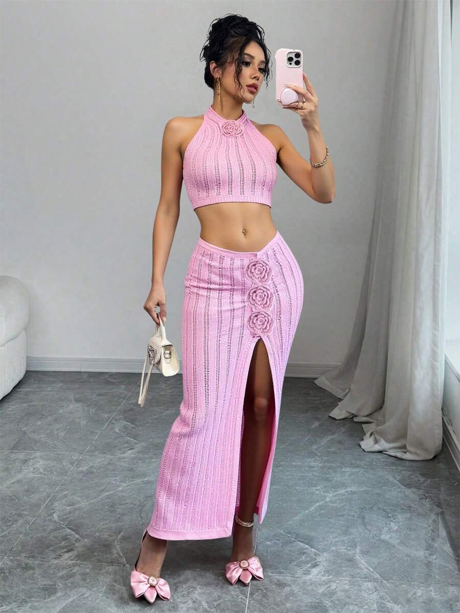 Chiquease New Spring/Summer Sexy Tie-Up Halter Floral Breathable Vacation Skirt Set For Women - Pink - View 1