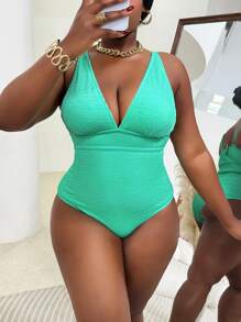 Slaydiva 大码女式纯色纹理连体泳衣，休闲运动度假，适合夏季海滩度假