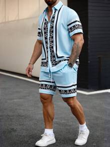 Manfinity Homme Plus Size Heren Korte Mouw Shirt En Shorts Set, Effen Kleur Met Knoopsluiting