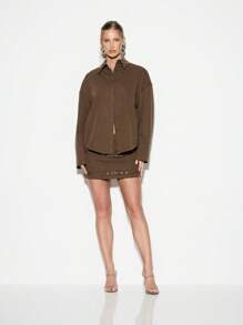 KIZN Oversized Button Down Collared Shirt Split Back Design Long Sleeve Blouse Office Wear Fall Winter Workwear Professional Business Casual Top