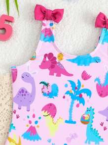 Baby Girls Cute Dinosaur Floral Print One-Piece Swimsuit With Ruffle Trim, Beach & Summer One-Piece Bathing Suit - Multicolor - View 5