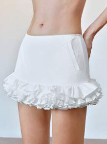 SHEIN LUNE Women's Cute Sexy Ruffle Hem Mini Skirt With Pocket, Summer Outfits For Women,White Skirt, - White - View 6