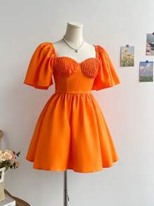 Soleia Orange Strapless Shirred Waist Balloon Sleeve A-Line Mini Dress For Women,Dress For Women,Vacation Dress Women,Birthday Dress For Women,Mardi Gras,Spring/Summer Dress For Women,Music Festival Outfit Women,Easter Dress Women,Western Wear Women,Graduation Dress