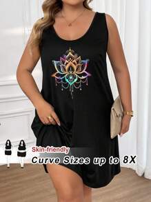 SHEIN CURVE+ 大码休闲简约指甲花莲花纹身设计无袖连衣裙，适合夏季